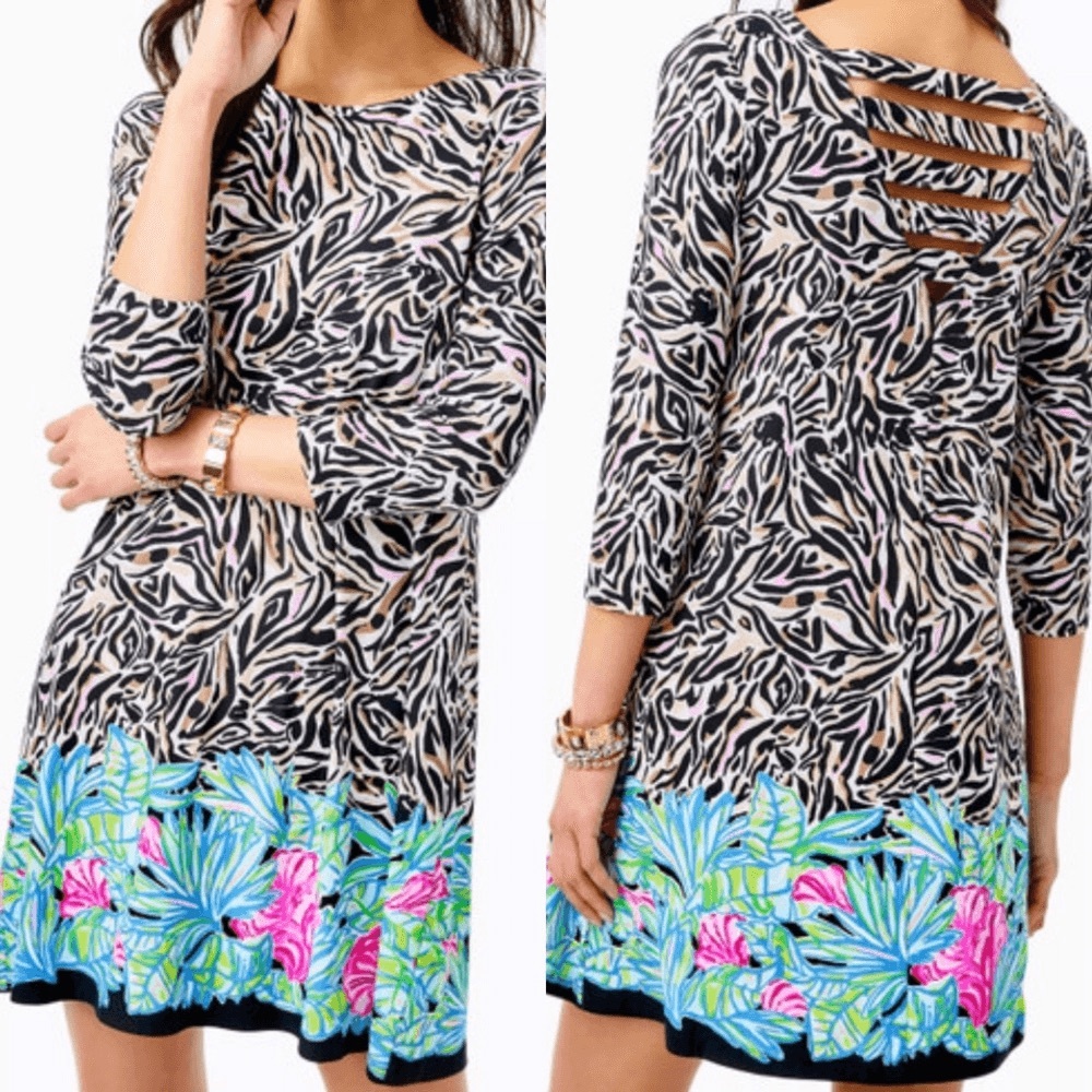 Lilly Pulitzer Black White Zebra-Print Midi Dress with Bright Floral Hem